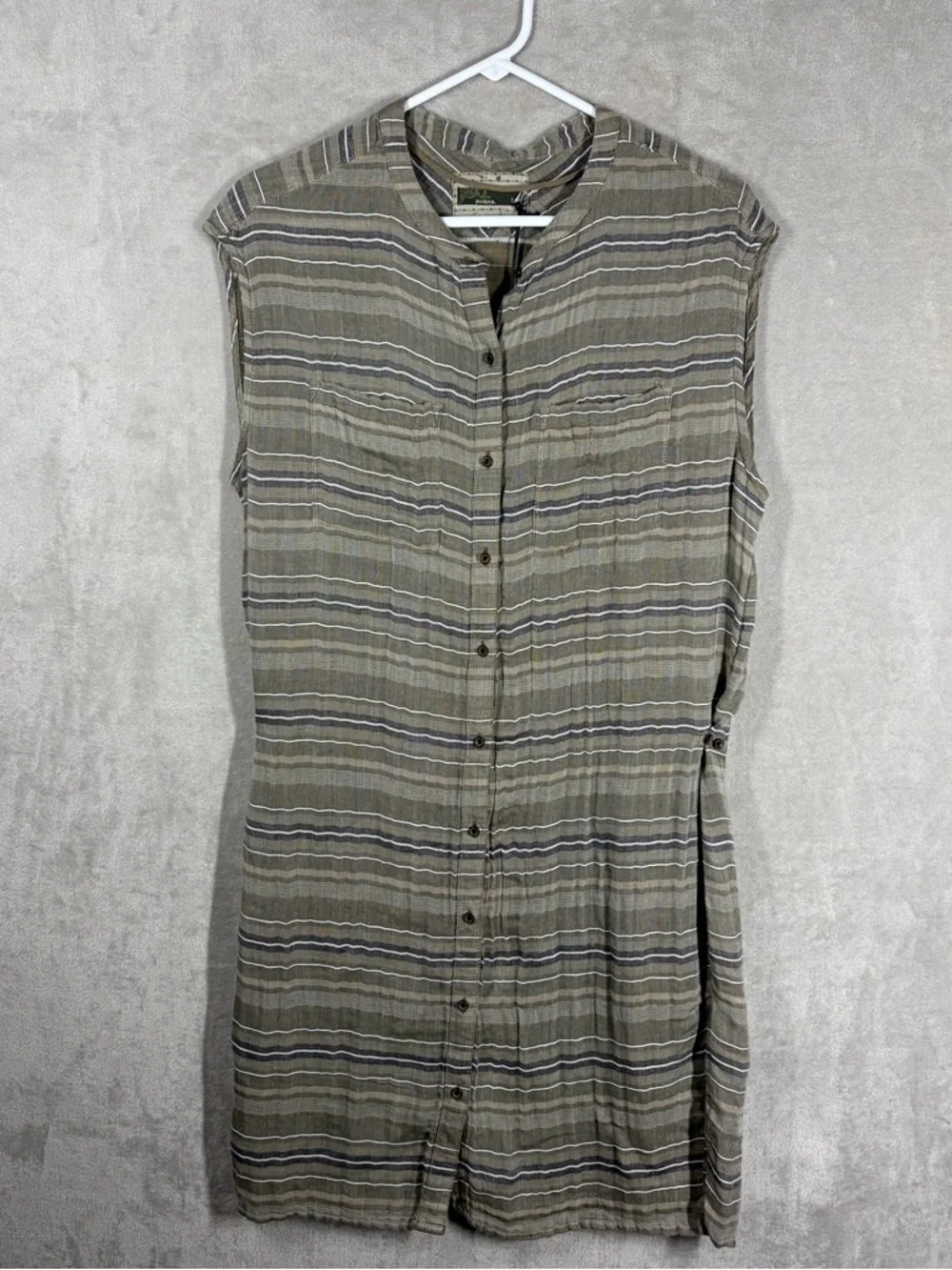 Prana Striped Sleeveless Shirt Dress in Taupe and Light Gray